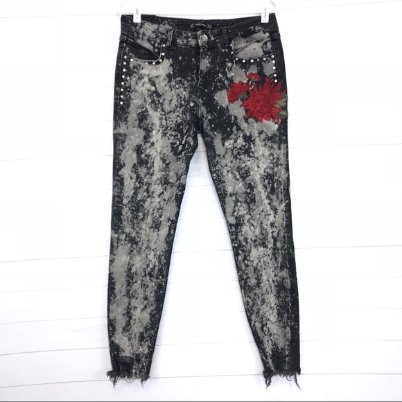 Zara Denim - Zara Embroidered Stud Raw Hem Skinny Jeans